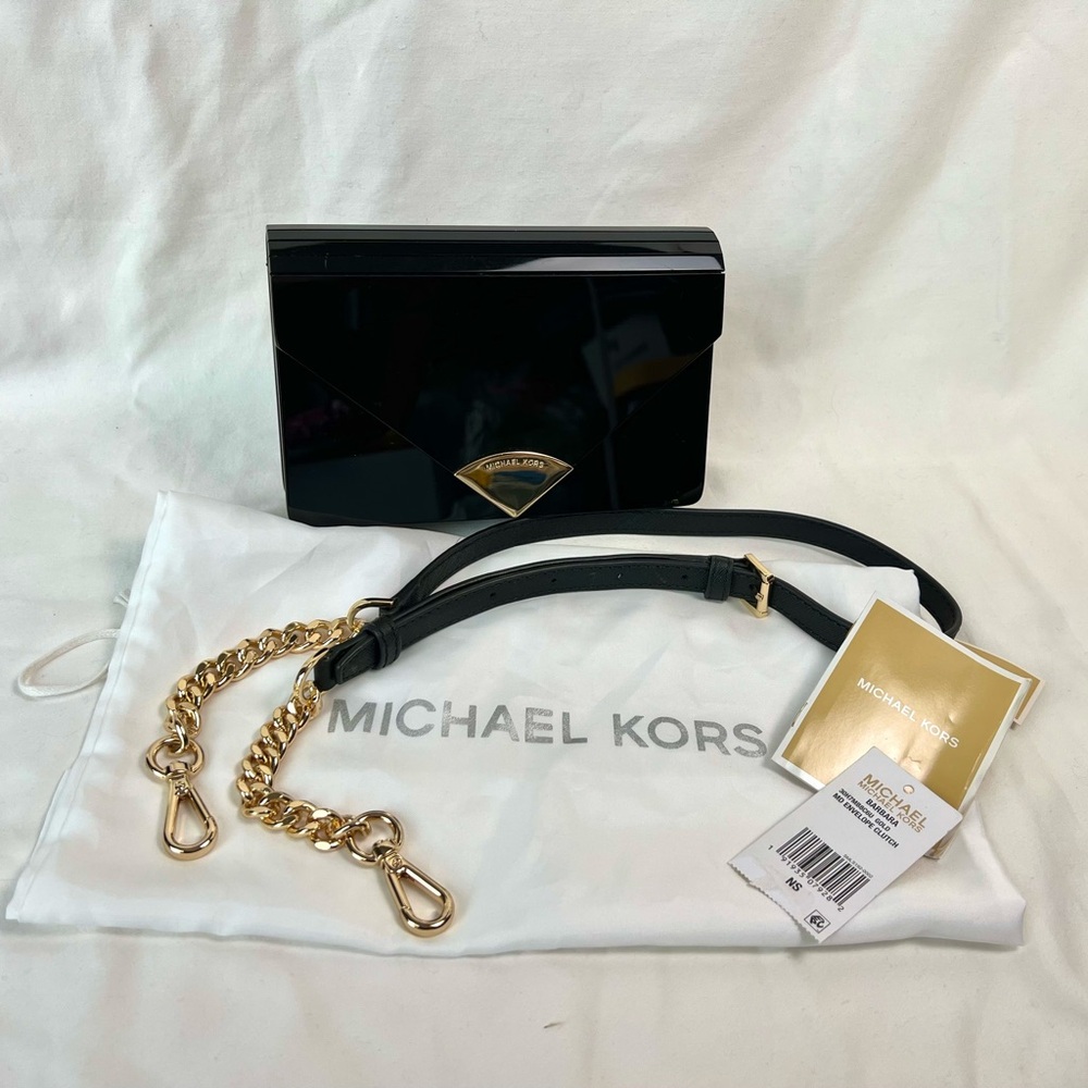 MICHAEL KORS BARBARA GOLD MD ENVELOPE CLUTCH Black Shoulder Bag